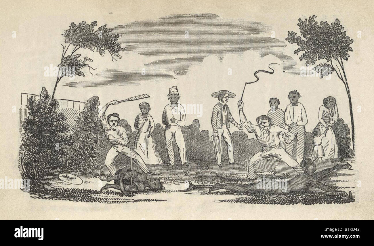 Illustration of the beatings given to fugitive slave Henry Bibb after his return to captivity in Louisiana. He was (from left) bound and beaten with a paddle, staked to the ground and whipped. Engraving taken from the book, 'Narrative of the Life and Adventures of Henry Bibb, An American Slave', 1849 Stock Photo