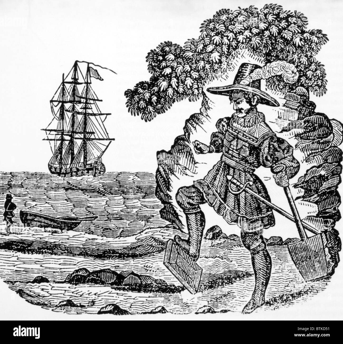 Captain William Kidd, (c. 1645-1701), British privateer and pirate shown burying a Bible near Plymouth Sound to launch his career. Stock Photo