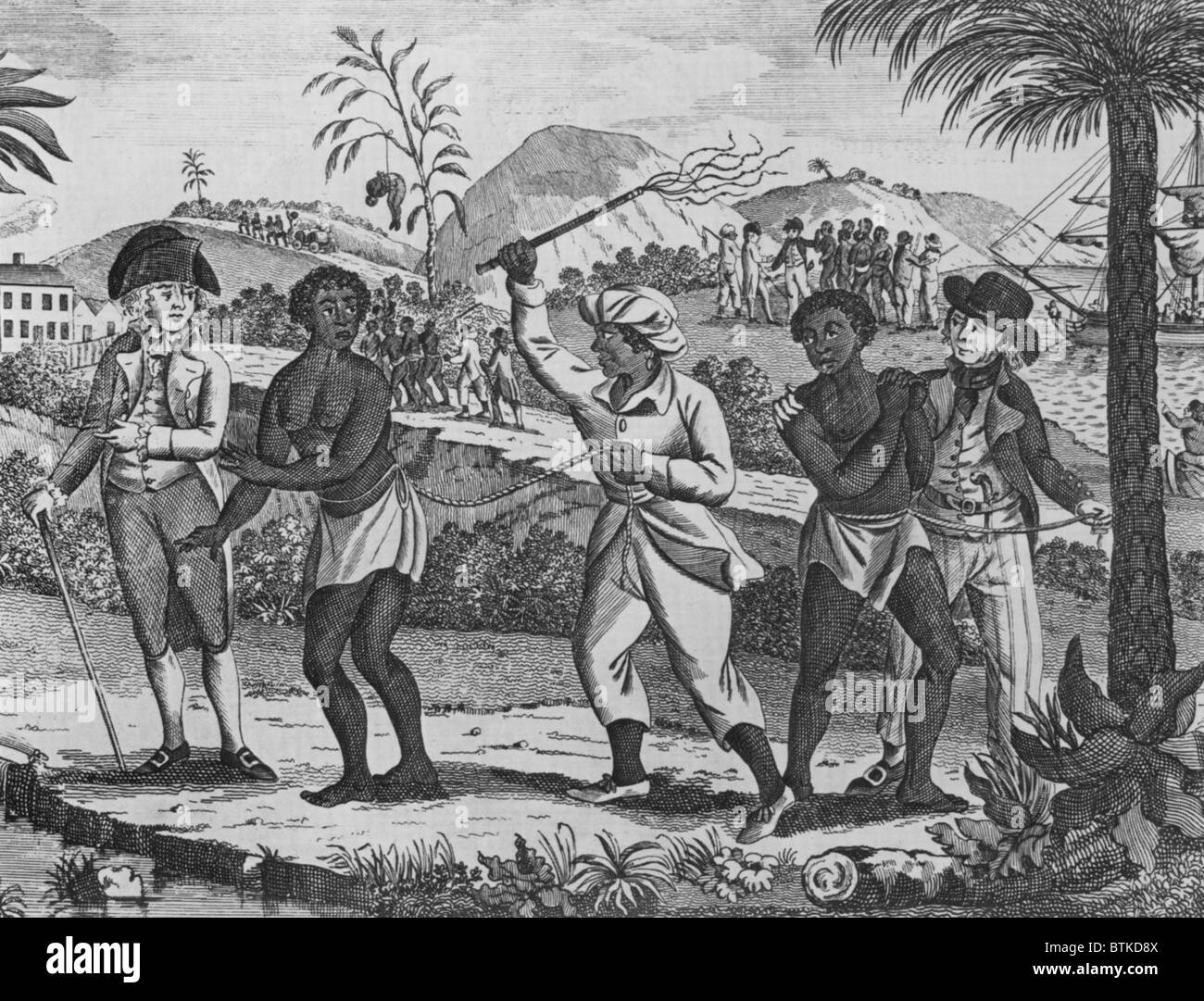 Newly arrived African captives for the Caribbean slave trade. In the foreground a women is whipped. Several groups of newly arrived slaves are leaving the port area in coffles as they start life in a new land. Late 18th century engraving. Stock Photo