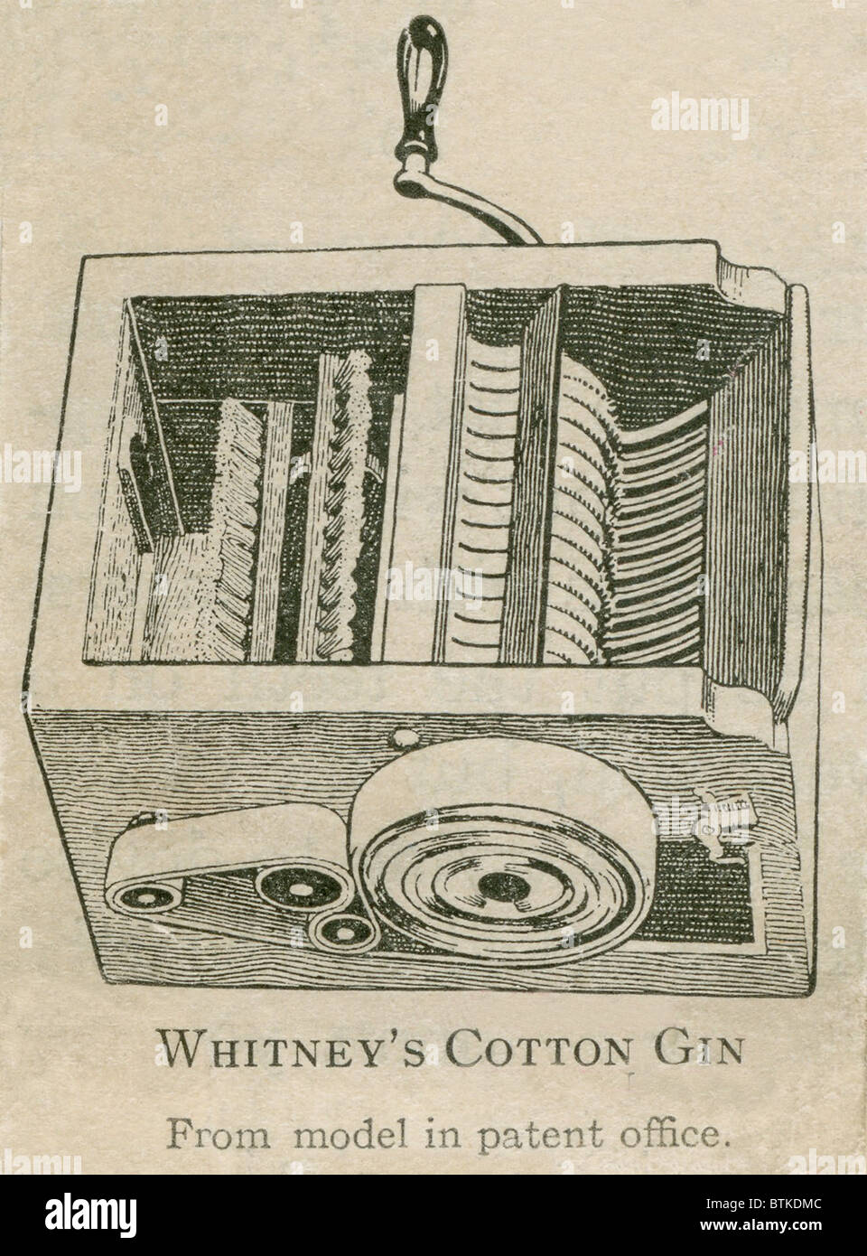 Patent model of Whitney's Cotton Gin of 1793. The invention for quickly separating seeds from the cotton, increased the supply of cotton for British Industrial Revolution cotton mills. Stock Photo