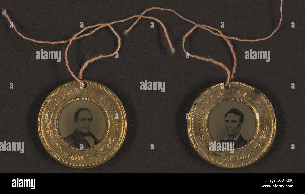Campaign button for 1860 presidential election showing bust tintype portrait of Abraham Lincoln and Vice Presidential candidate, Hannibal Hamlin. 1860. Stock Photo