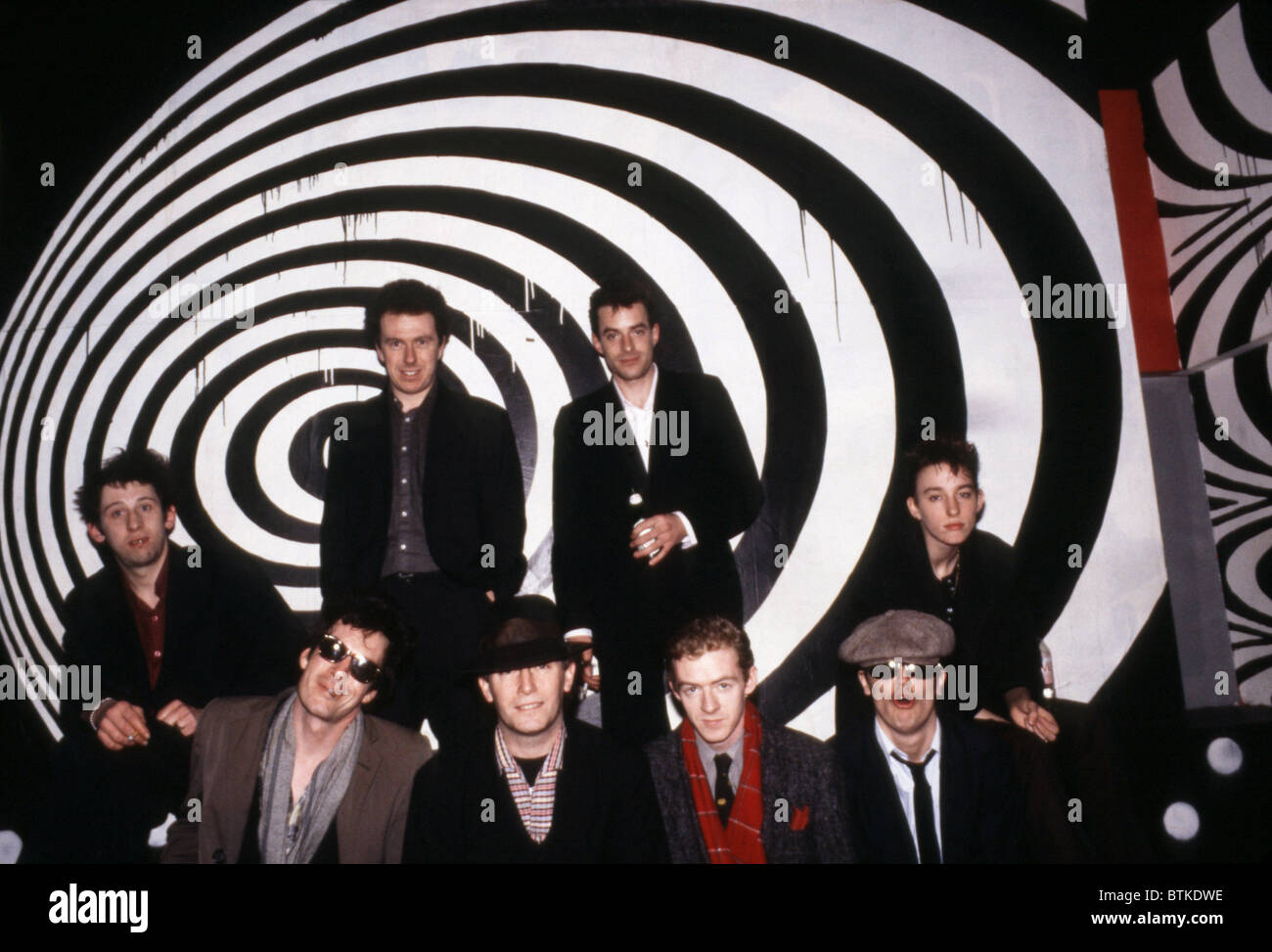 The Pogues, (left to right) (seated), Shane McGowan, Andrew Ranken, Jem Finer, Philip Chevron, Spider Stracy, Cait O'Riordan,  ( Stock Photo