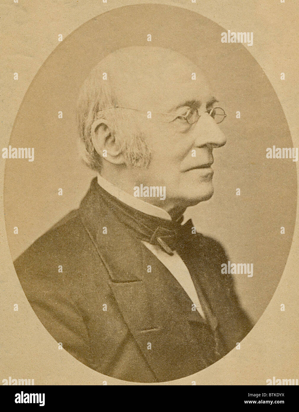 William Lloyd Garrison (1805-1879), joined the Abolitionist movement at age 25 and he founded THE LIBERATOR, an antislavery newspaper. He was most influential in the 1830s, but his increasing radicalism, advocating the North secede from a nation tainted by slavery, undermined his influence in the 1840s and 1850s. Photo ca. 1855. Stock Photo