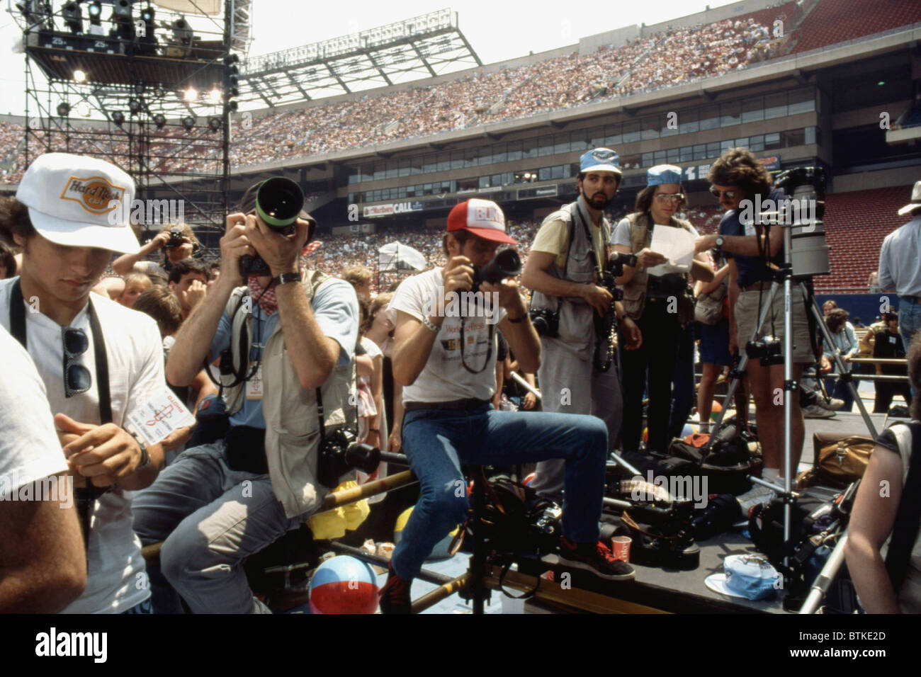 Photographers preparing to work at the concert for  Amnesty International, Giant Stadium, New Jersey, June 15, 1986, Stock Photo