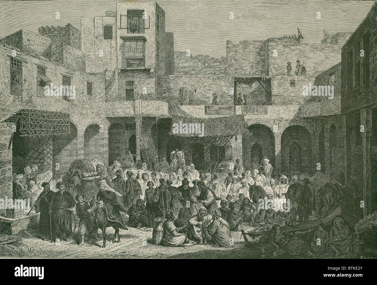 Slave market in Cairo, Egypt 1885.  Most 19th century urban Egyptian slaves worked as domestic servants. Stock Photo