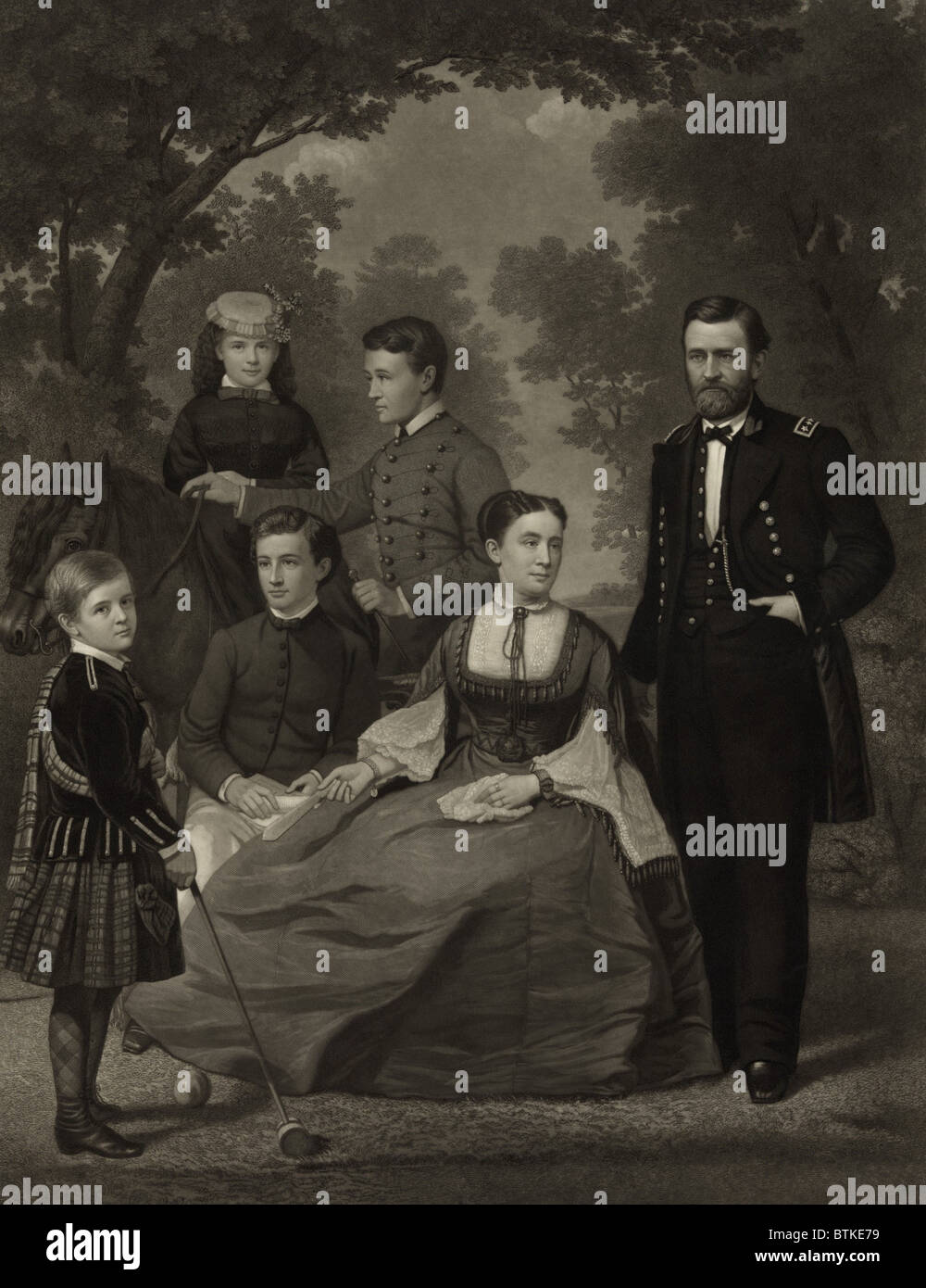 Ulysses S. Grant with his family when he was running for president in 1868.  Left to right are: children Jesse, Nellie, Buck, and Fredrick, wife Julia,  and General Grant. Frederick would have, image size:1000x1390