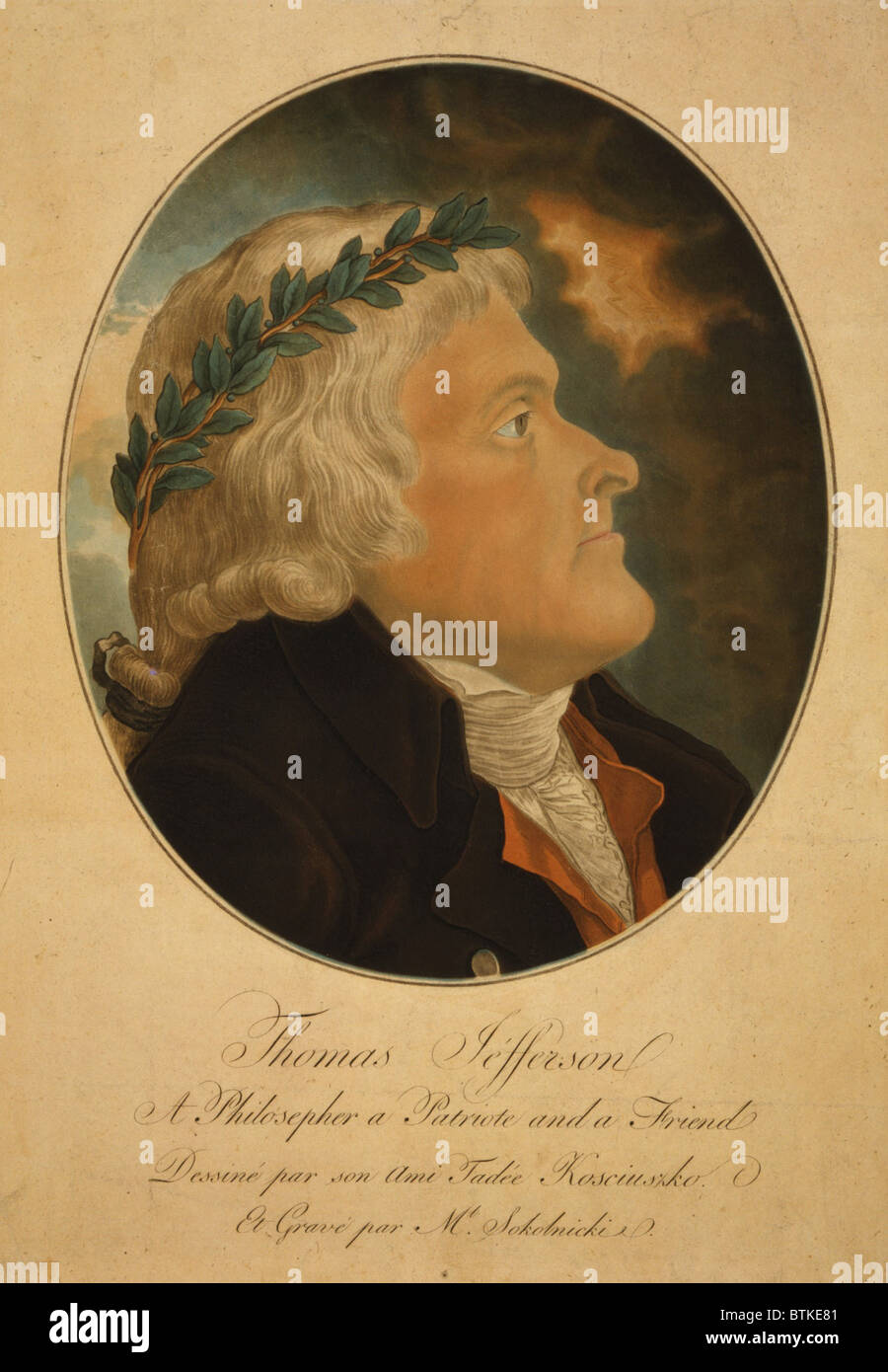 Thomas Jefferson, wearing laurel crown. Aquatint portrait after painting by Jefferson's friend, Polish patriot and war hero Thaddeus Kosciusko (Tadeusz Kosciuszko). Ca. 1799 Stock Photo