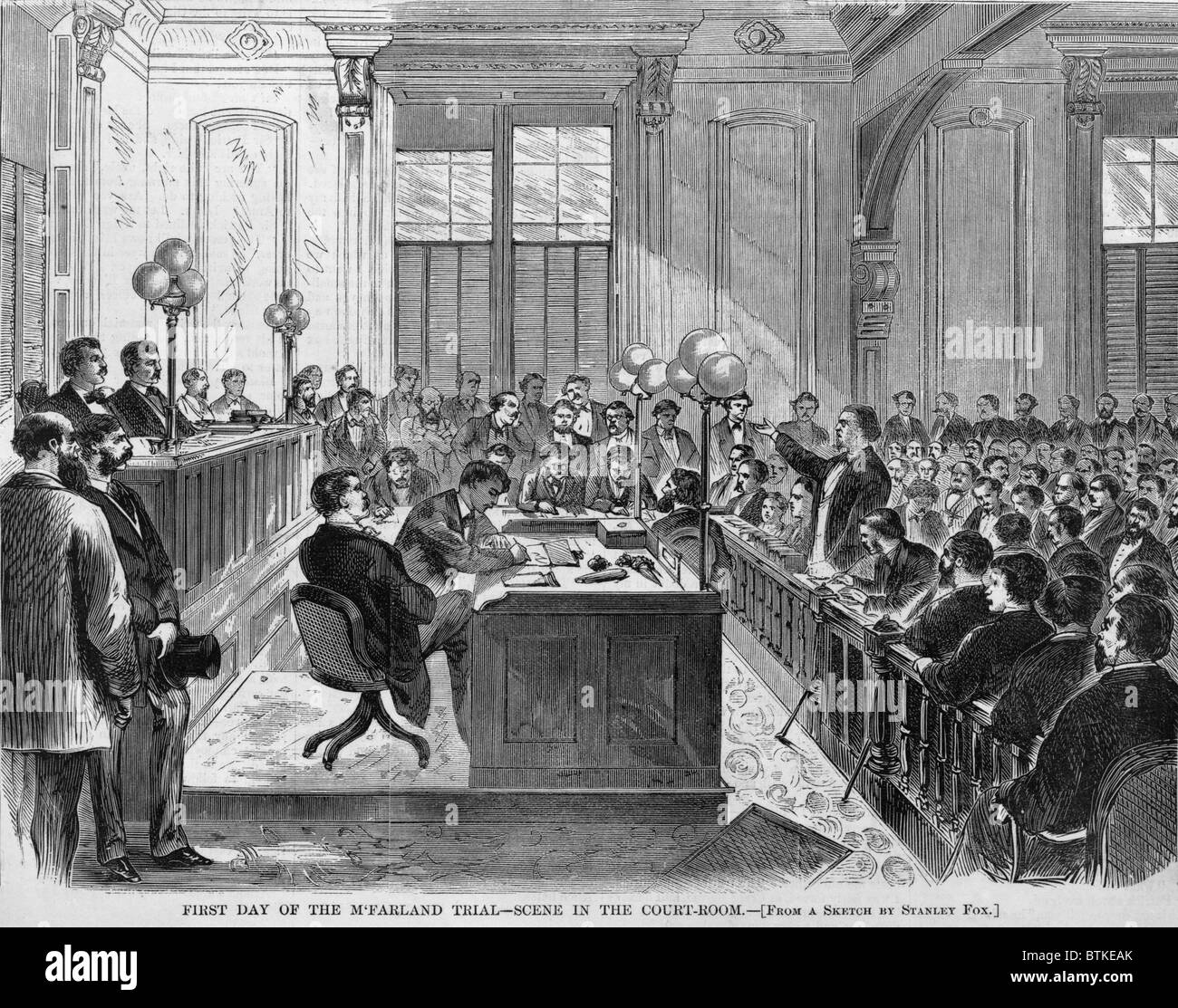 The trial of Daniel McFarland for the murder of Richardson, the suspected seducer of his wife, Abby Sage. McFarland's defense was largely based on justified jealous insanity and he was acquitted. 1870. Stock Photo