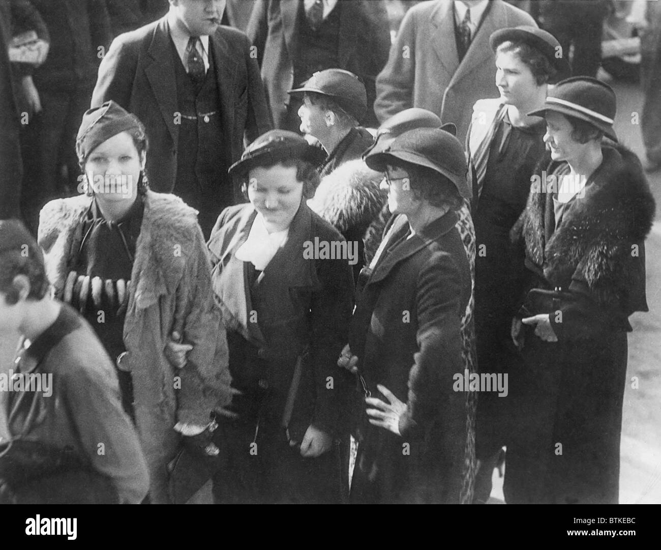 Bonnie and Clyde's friends and relatives were sentenced for harboring fugitives from justice in Dallas Texas, Feb 26, 1935. L to R: Billie Mace, Mary O'Dake, Mrs. Emma Parker, Mrs. Alice Davis, Rear are Mrs. Cummie Barrow & Mrs. Mildred Hamilton. Stock Photo
