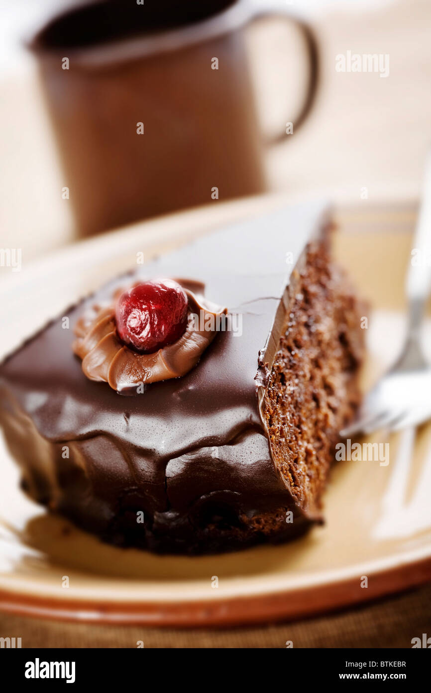 delicious chocolate cake,focus right on the side where the texture is Stock Photo