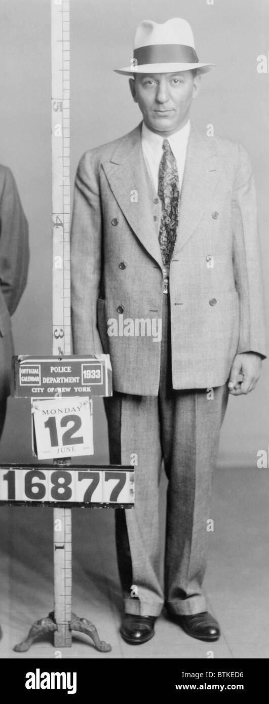 Louis 'Lepke' Buchalter (1897-1944) in New York City police mugshot of August 1939. Captured by the FBI, he was convicted of narcotics conspiracy and sentenced to 14 years in federal prison. Stock Photo