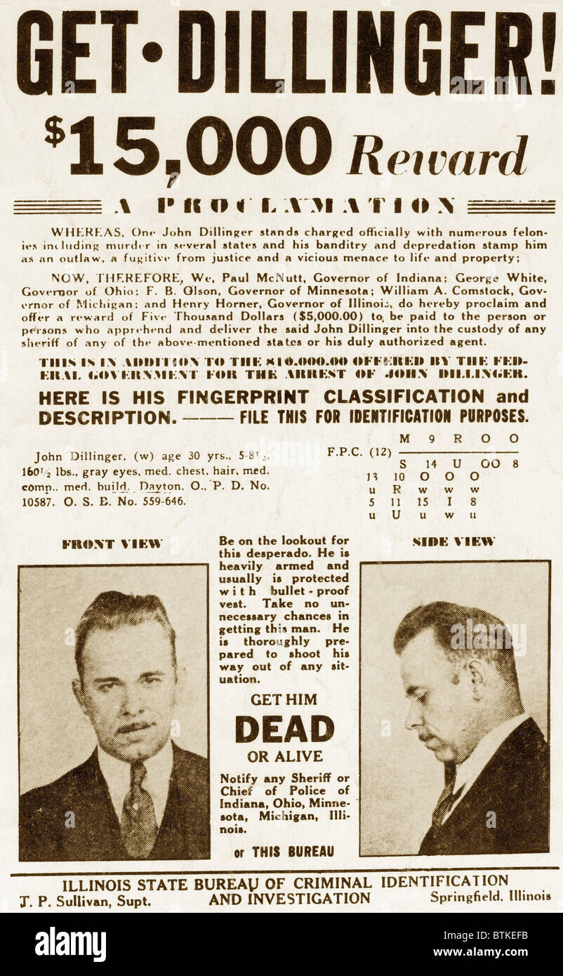 Wanted Poster for John Dillinger, offering $15,000 for his capture. 1934. Stock Photo
