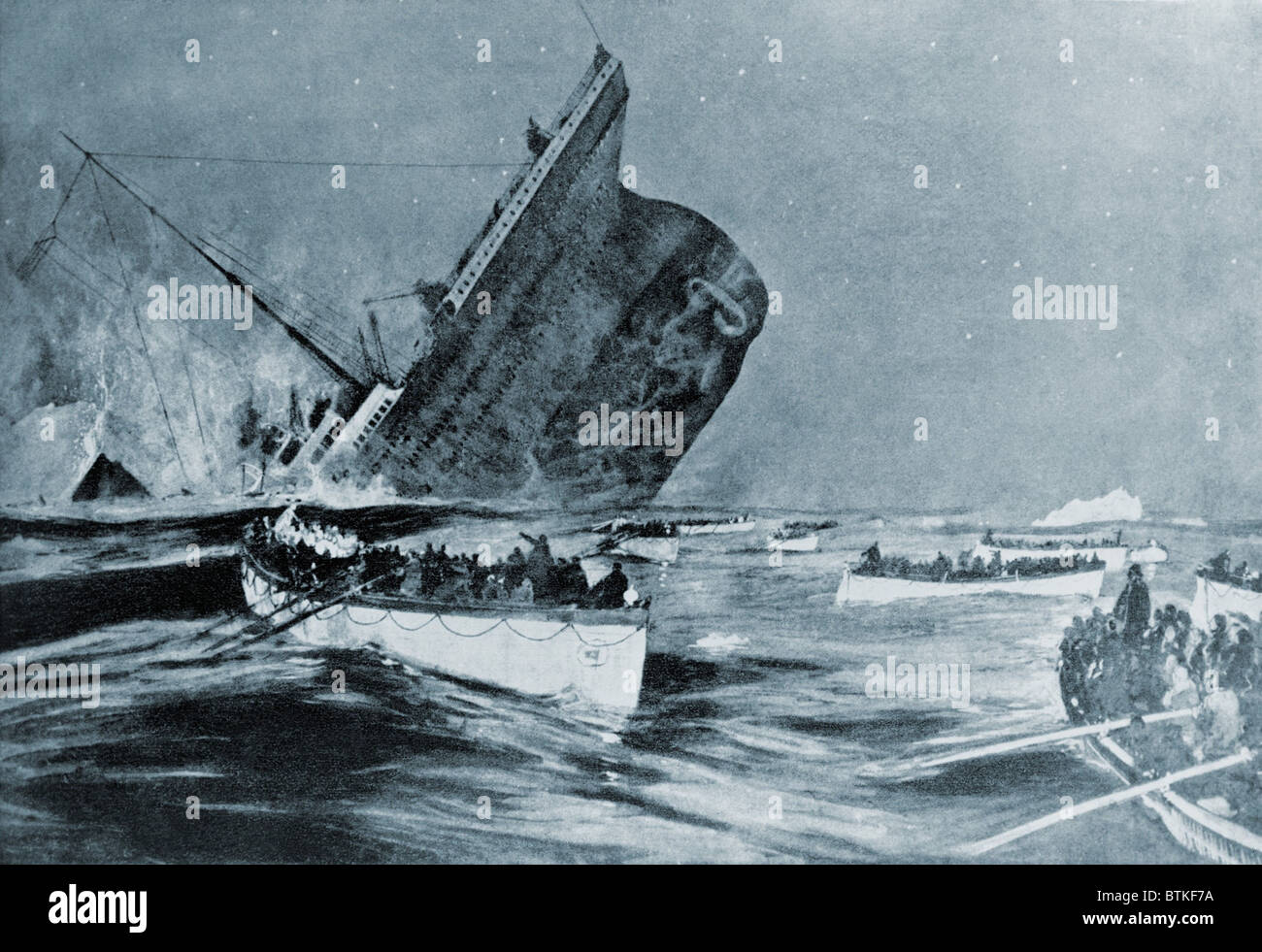 Sinking of the Titanic witnessed by survivors in lifeboats, between 2:00 and 2:20 AM on April 15, 1912. Stock Photo