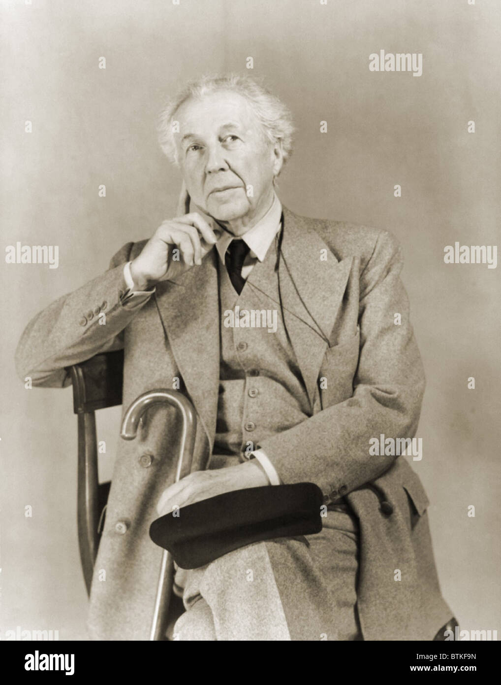 Frank Lloyd Wright (1867-1959), American architect in 1938 portrait. Stock Photo