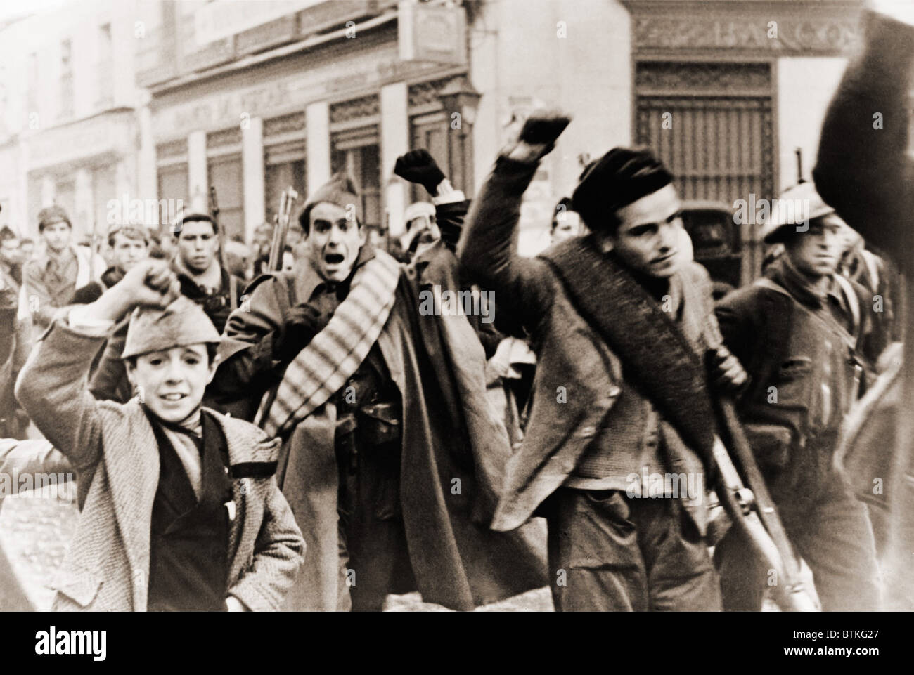 Battalion of Republican (anti-Franco) shock troops marching in ...