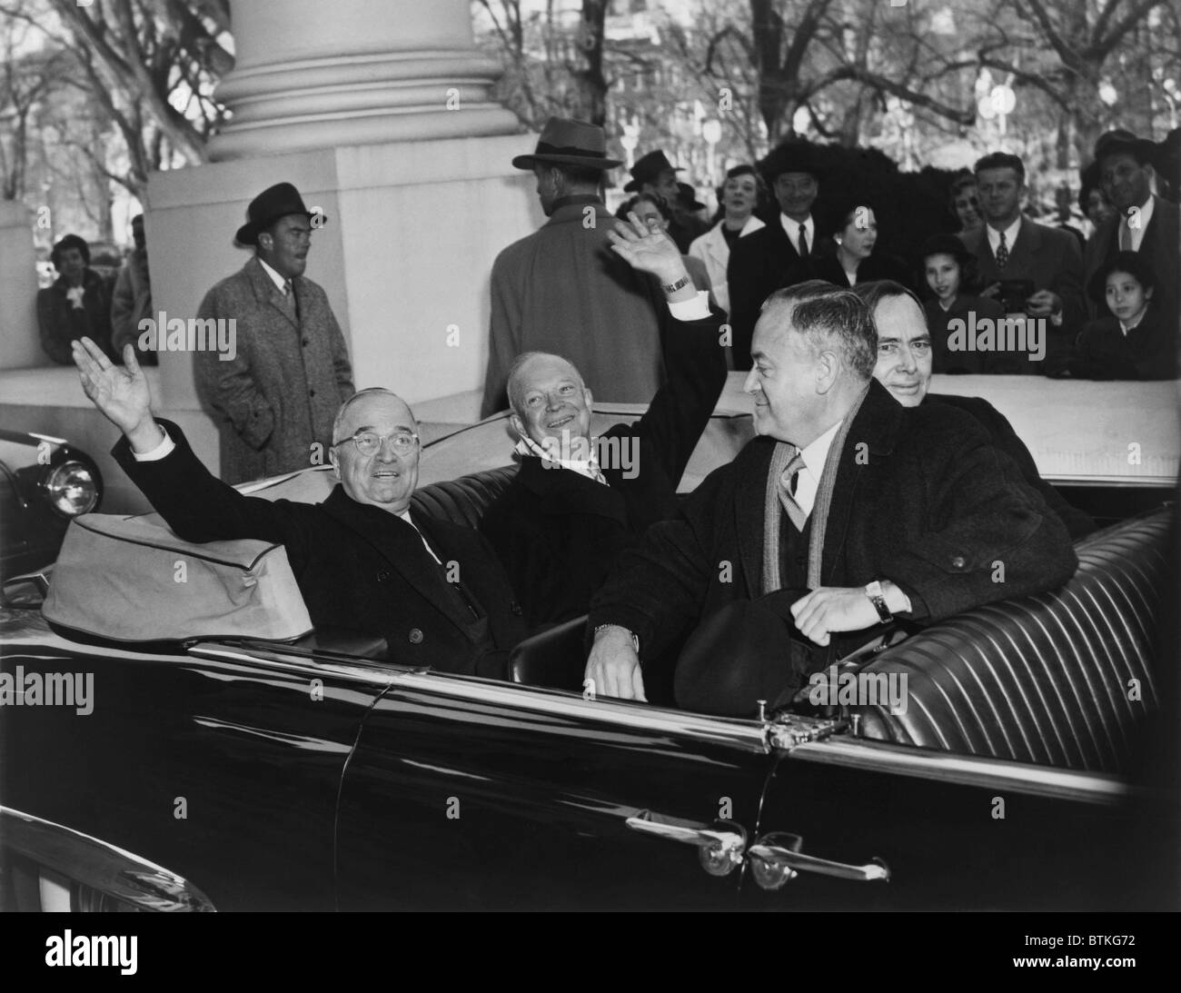 President Harry Truman and his successor, Dwight D. Eisenhower, leave White House in an open car on way to Capitol for inauguration ceremonies. January 20, 1953. Stock Photo