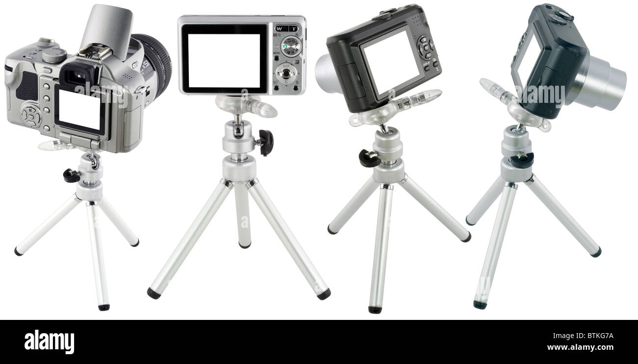 Compact cameras on tripod set Stock Photo Alamy