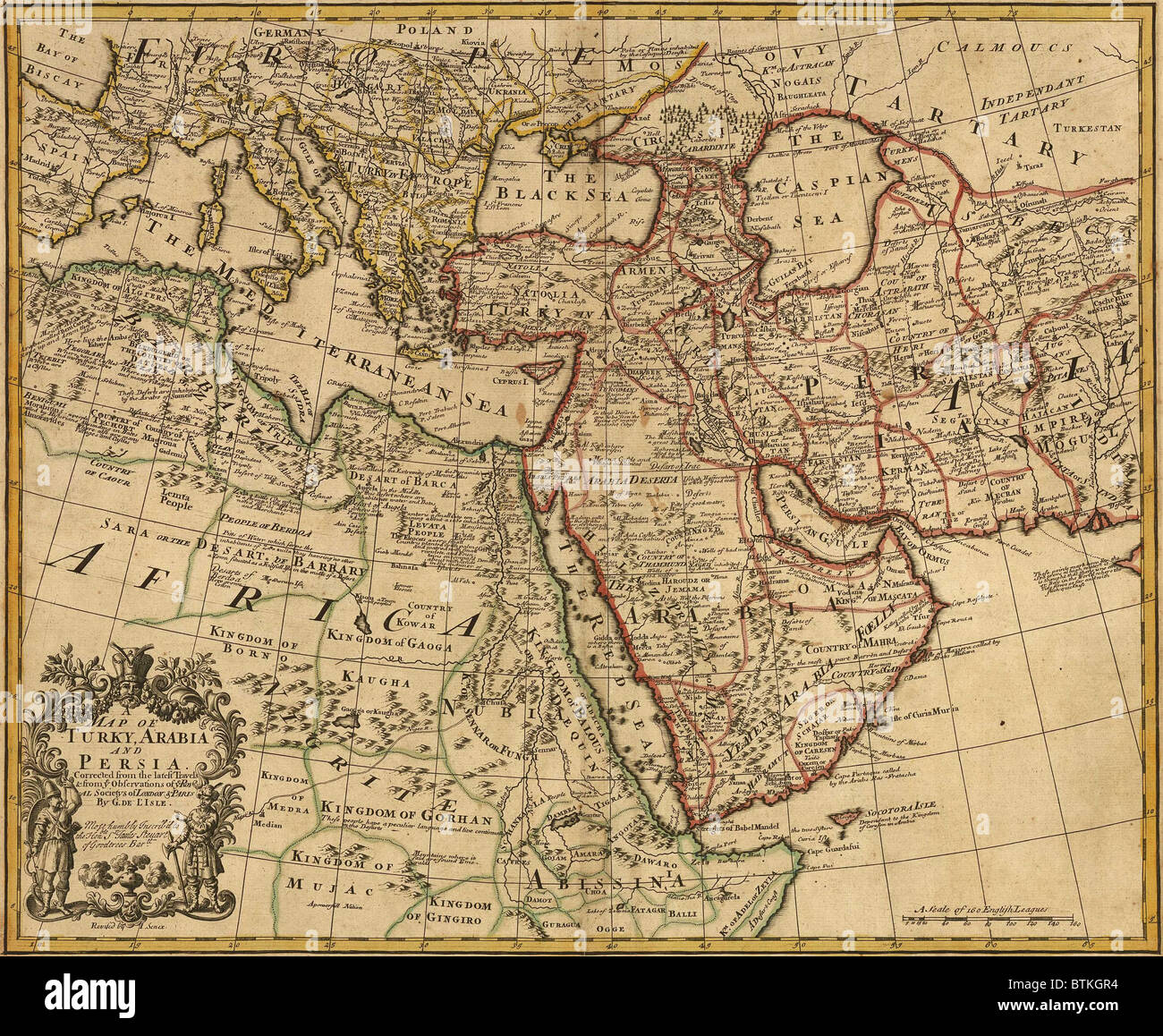 1721 map of Turkey, Arabia, and Persia and environs including Northeast Africa, Southern Europe, and Southwest Asia. Stock Photo