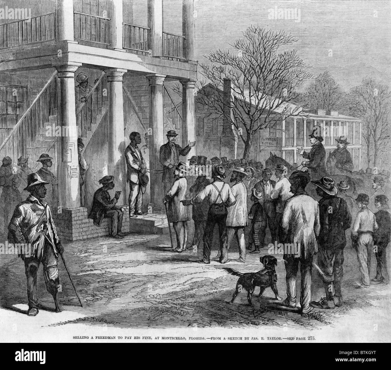 A freedman in Monticello, Florida was auctioned to pay a legal fine in 1867. Impoverished ex-slaves were arrested for vagrancy, Stock Photo