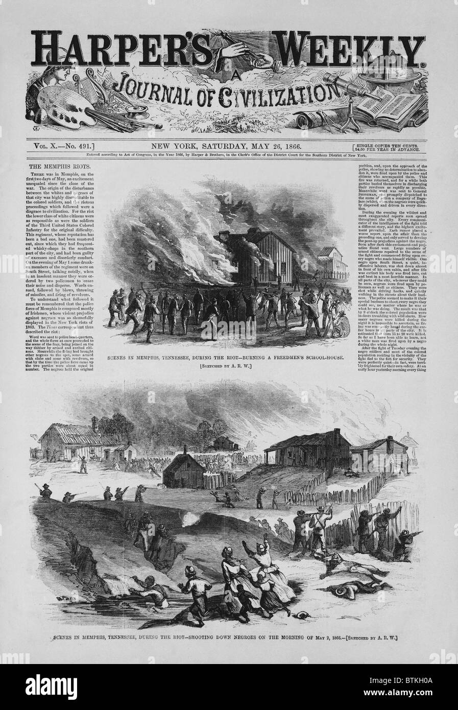 Front Page of a newspaper reports about a race riot in Memphis, Tennessee, May 2, 1866. For two days, white mobs, attacked the freedmen's neighborhoods, killing 46 African Americans, assaulting and wounding many more. Stock Photo
