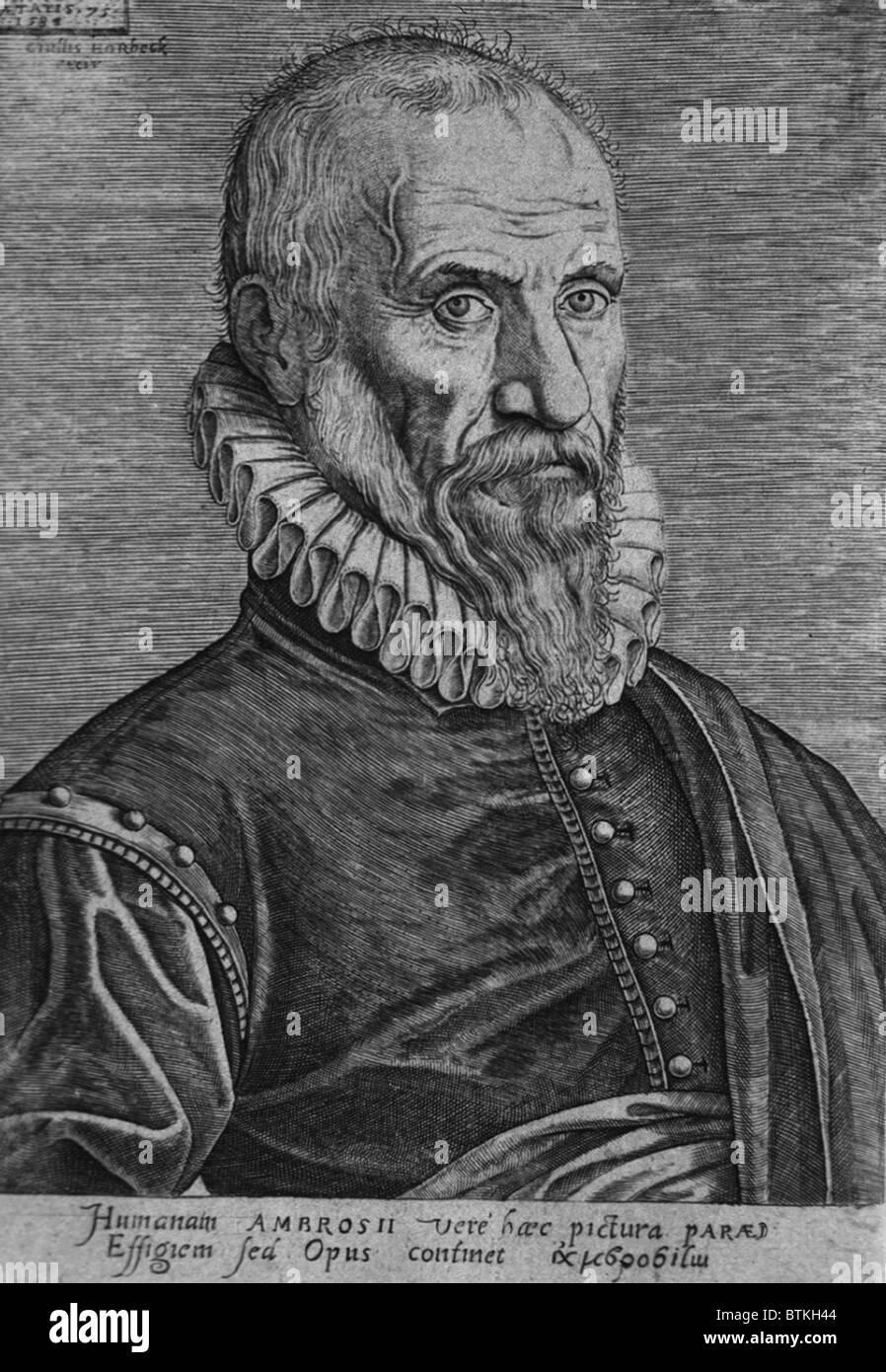 Ambroise Pare, the great 16th century surgeon, developed surgical techniques, invented instruments for battlefield operations. He is considered 'The Father of Modern Surgery.' Ca. 1570. Stock Photo