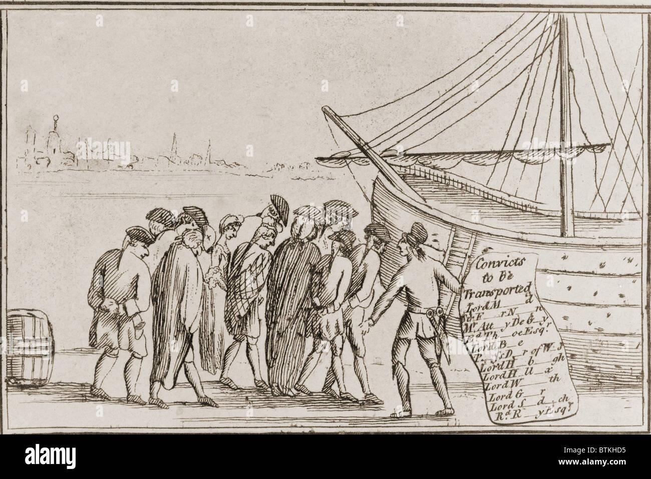 Forced emigration to the colony of Georgia in North America of debt ridden English lords, esquires, and attorneys, who were sentenced to transportation to Georgia. The deportation of debtors reduced the English prison population during the early reign of George III. Stock Photo
