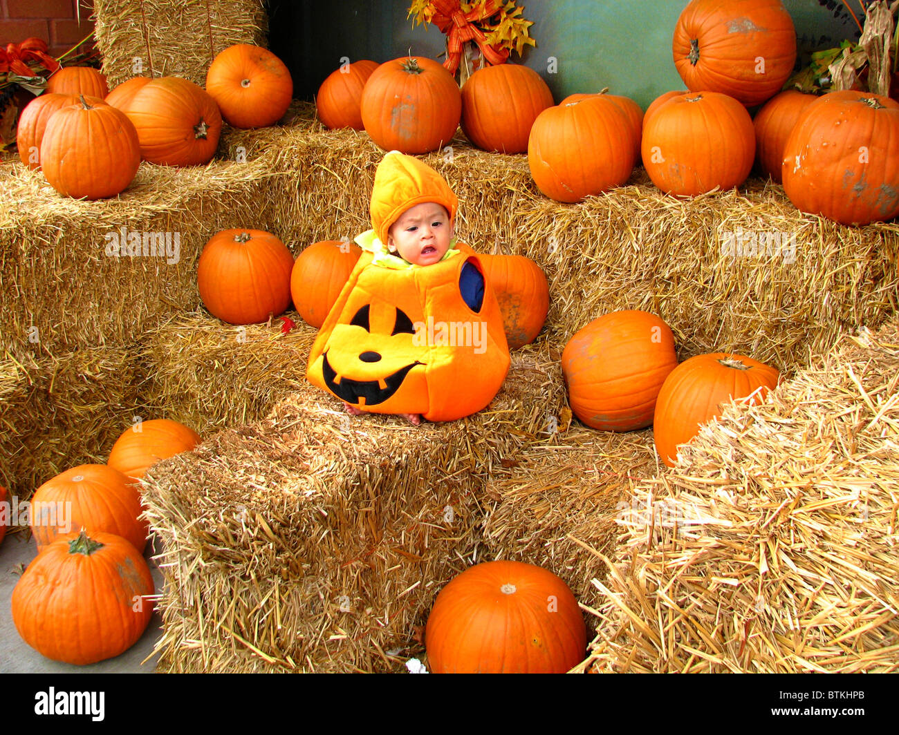Baby dressed up in pumpkin Halloween costume sitting among pumpkins Stock  Photo - Alamy
