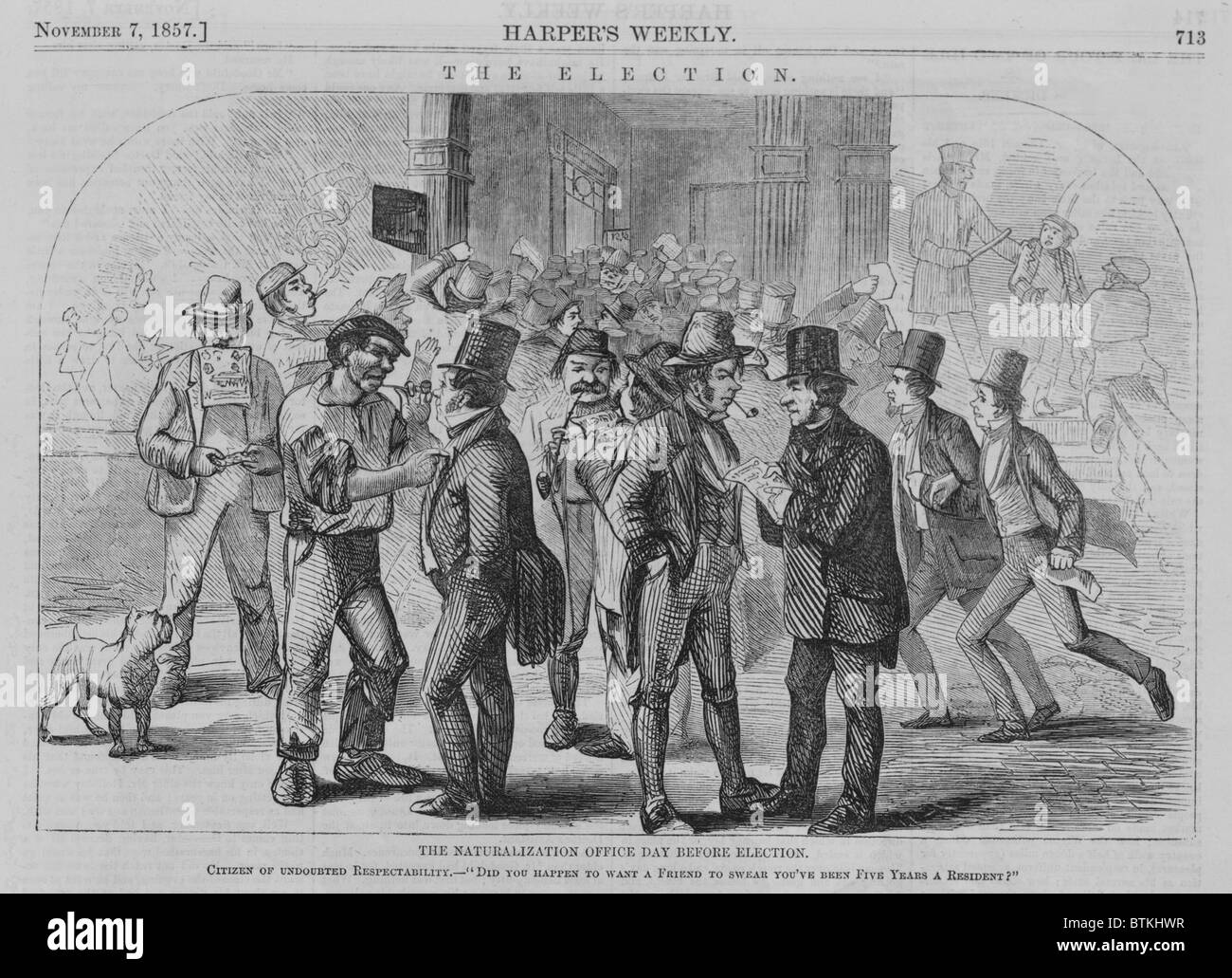 Scene at New York City's naturalization office the day before election. A citizen of undoubted respectability asks a man, 'Do you happen to want a friend who will swear you've been five years a resident?' Well dressed men in top hats and suits attempt to win the votes of immigrants. New York City, November 1857. Stock Photo