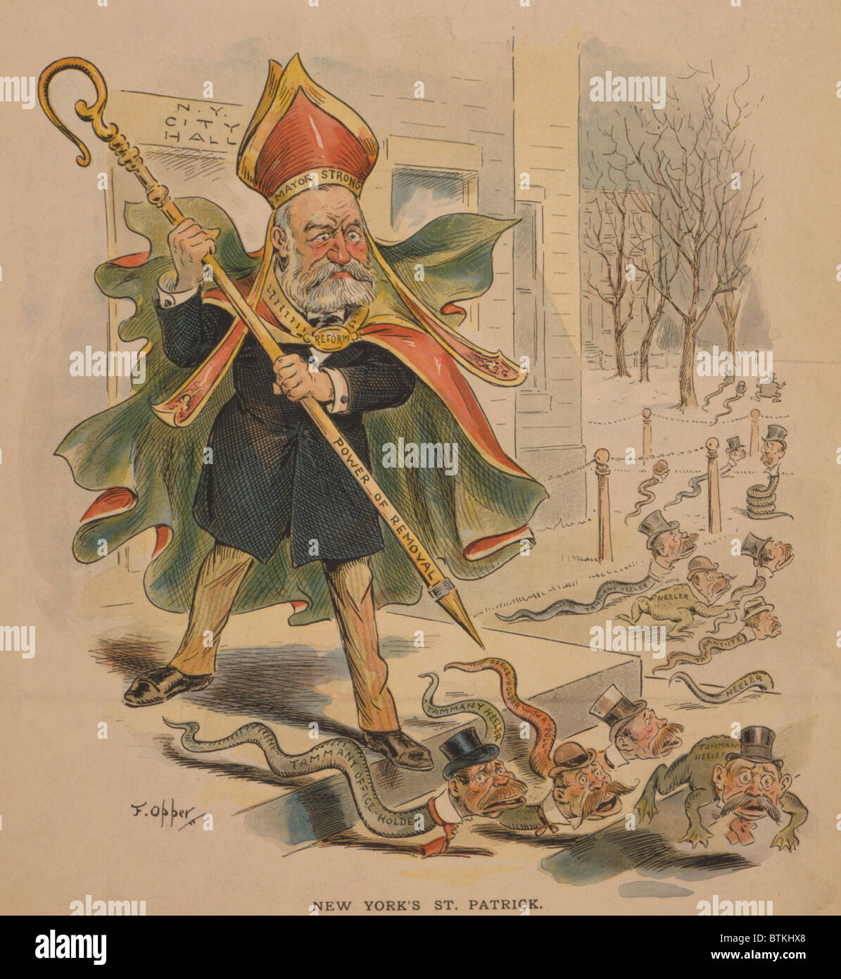 1895 political cartoon of New York City's Mayor Strong, dressed as St. Patrick, driving snakes and frogs, representing Tammany Hall's immigrant political base, from N.Y. City Hall. William Lafayette Strong (1827- 1900) was the Mayor of New York from 1895 to 1897. He was a Republican who won the votes of the anti-Tammany Democrats. Stock Photo
