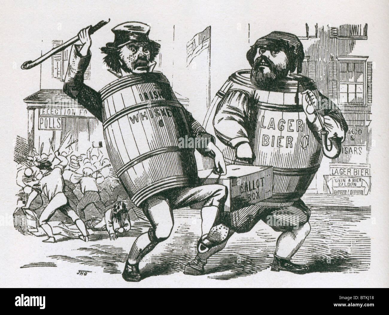 Anti-Immigrant cartoon showing two men with barrels as bodies, labeled 'Irish Wiskey' and 'Lager Bier', carrying a ballot box. In the background is a rioting crowd at a polling place. Nativism, a social and political movement that opposed immigration of Catholic Irish, non-Protestants, and non-English speaking peoples. Ca. 1850. Stock Photo