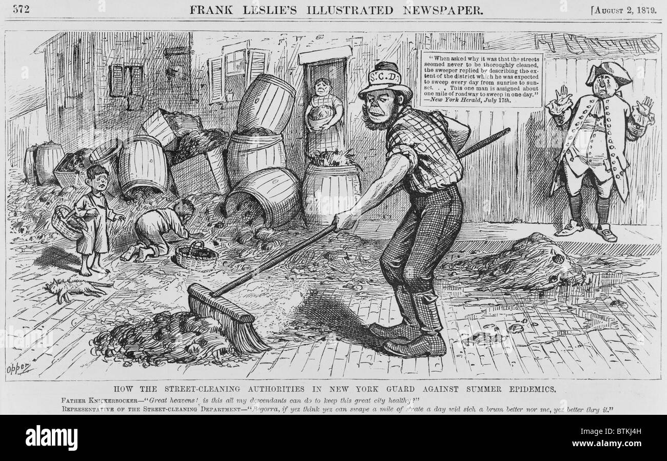 Political cartoon protesting the ineffective methods of the New York City Street cleaning. Caricature of an Irish street cleaner, who was expected to sweep clean a mile of street in one working day. An original Dutch settler is dismayed by the filth. Stock Photo