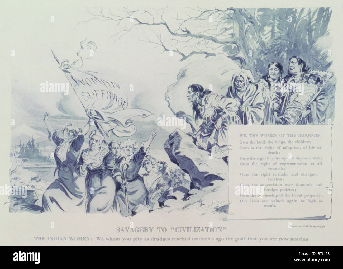 Political cartoon showing Iroquois women on cliff overlooking women marching with banner 'woman suffrage.' It's caption reads: Savagery to 'civilization'--The Indian women: We whom you pity as drudges reached centuries ago the goal that you are now nearing. By Udo Keppler for PUCK Magazine, May 1914. Stock Photo