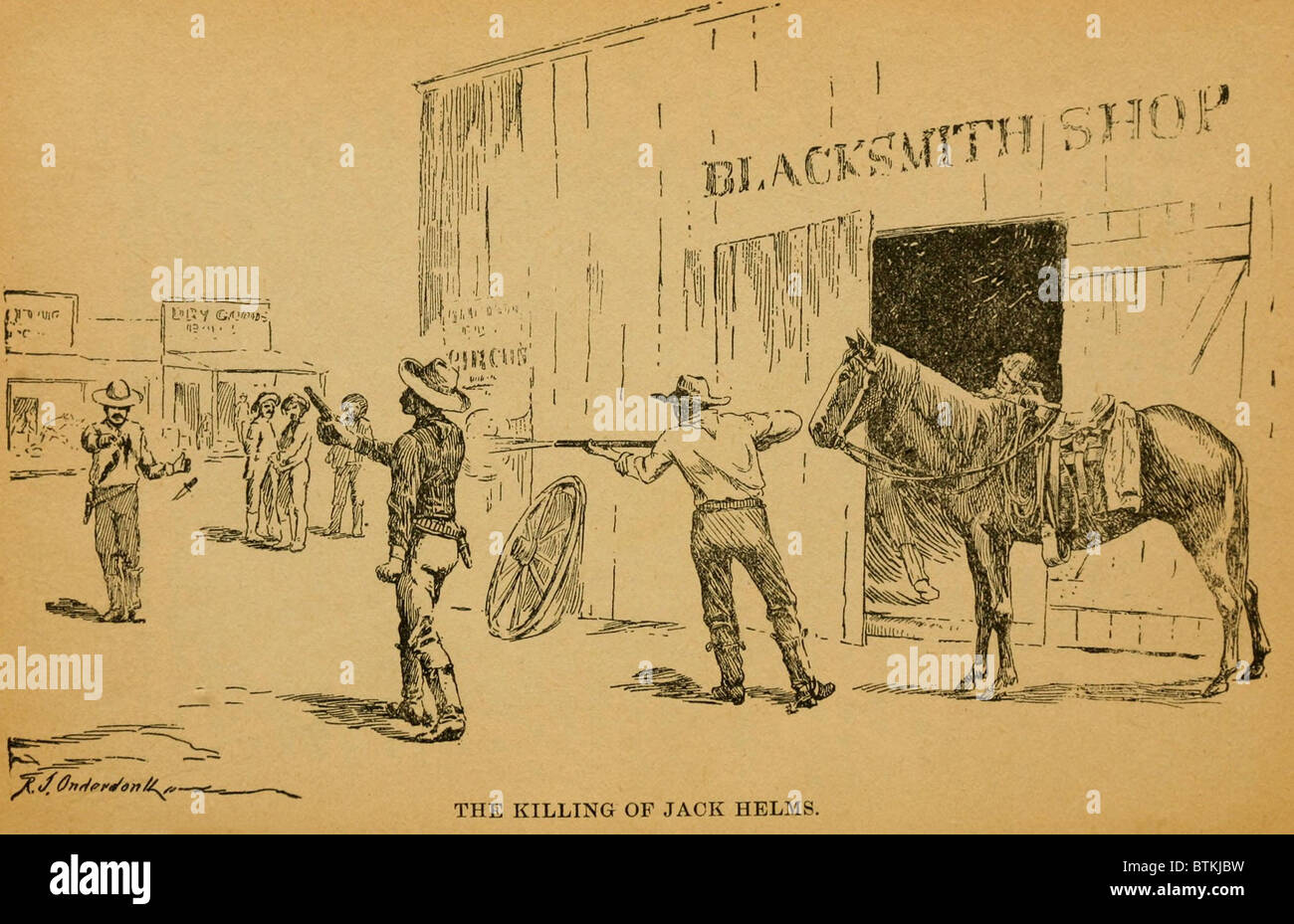 John Wesley Hardin killing Dewitt County Sheriff, Jack Helms, on August 1, 1873. Helms was a Unionist and involved in a feud with Hardin's relatives during the Texas post-Civil War Reconstruction era. Stock Photo