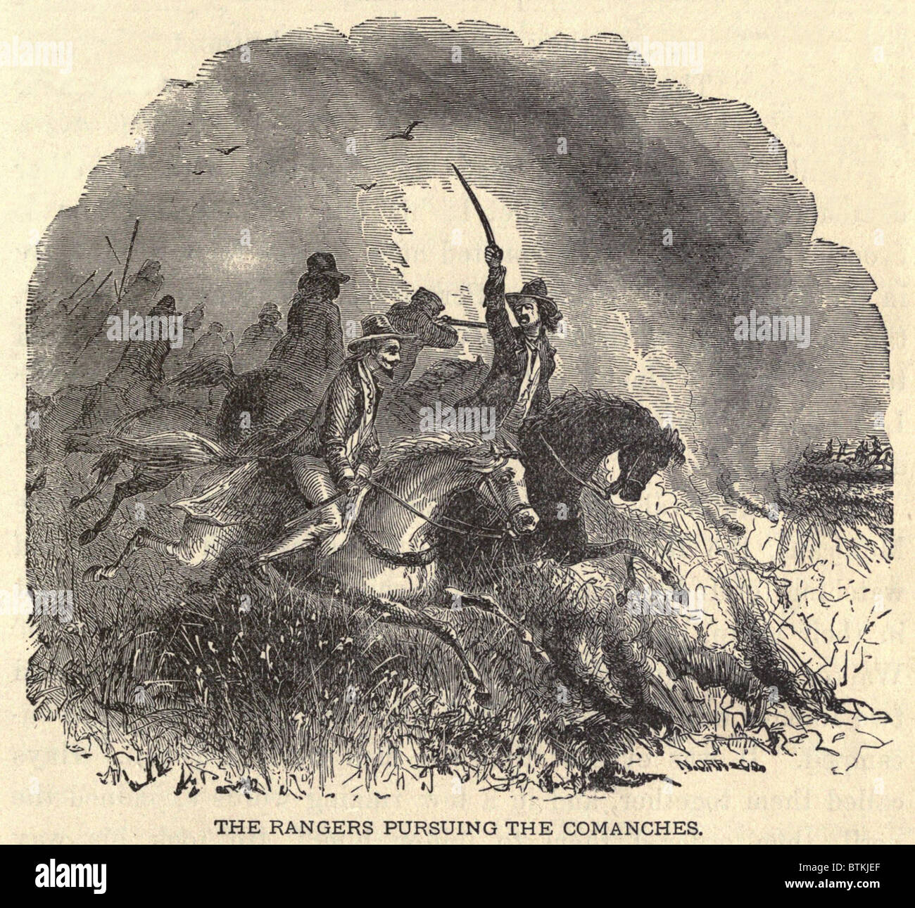Texas Rangers pursuing Comanches. When the rangers were established in prior to their 'official birth' in 1874, their primary role was to defend settlers against Indians, particularly the Comanche, Tonkawa, and Karankawa tribes. 1883 engraving. Stock Photo