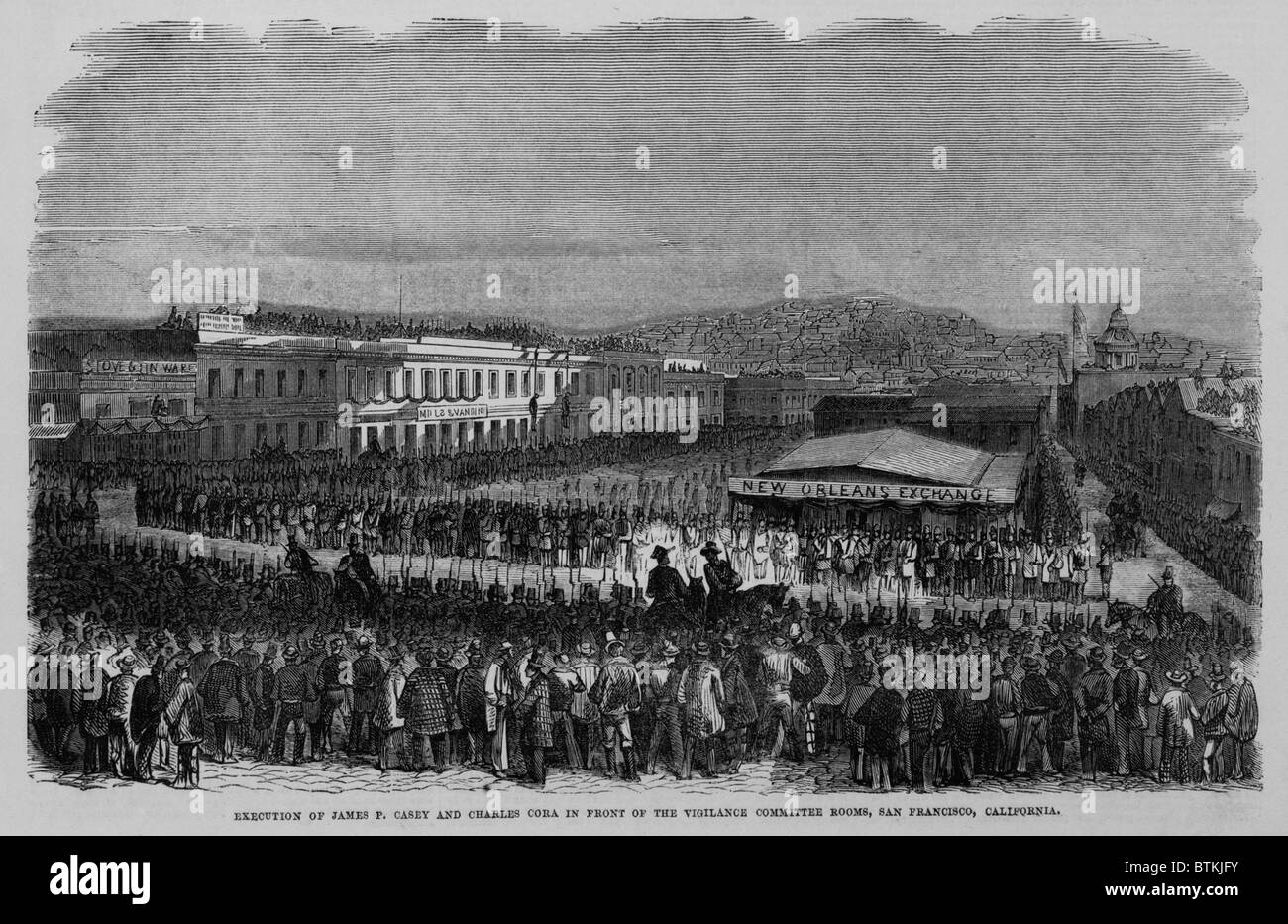 Execution of James P. Casey and Charles Cora for the murder of prominent San Francisco newspaper editor, James King. The were hung in front of the Vigilance Committee rooms, witnessed by a crowd of 20,000. San Francisco, California. 1856. Stock Photo