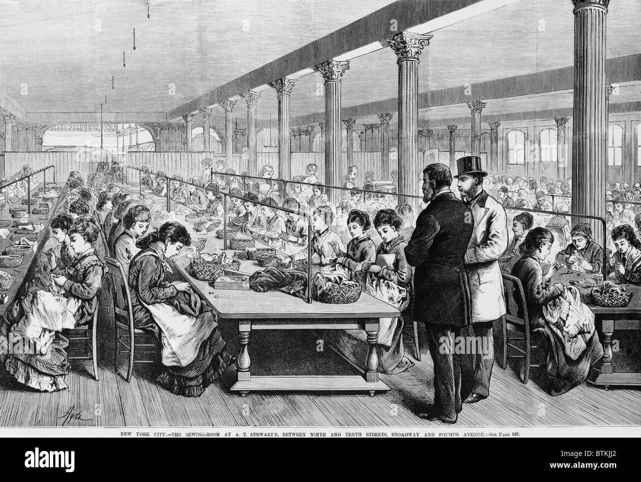 Seamstresses at long tables in the sewing-room at A.T. Stewart's Dry Goods Store at Broadway and 10th street, Owned by Irish-American multi-millionaire merchant, Alexander Turney Stewart (1803-1876). Stock Photo