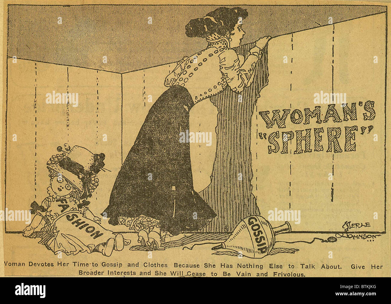 Political cartoon shows woman peering over a fence labeled 'Woman's Sphere' while her toys 'Fashion' and 'gossip' lay abandoned. By Merle De Vore Johnson, 1909. Stock Photo