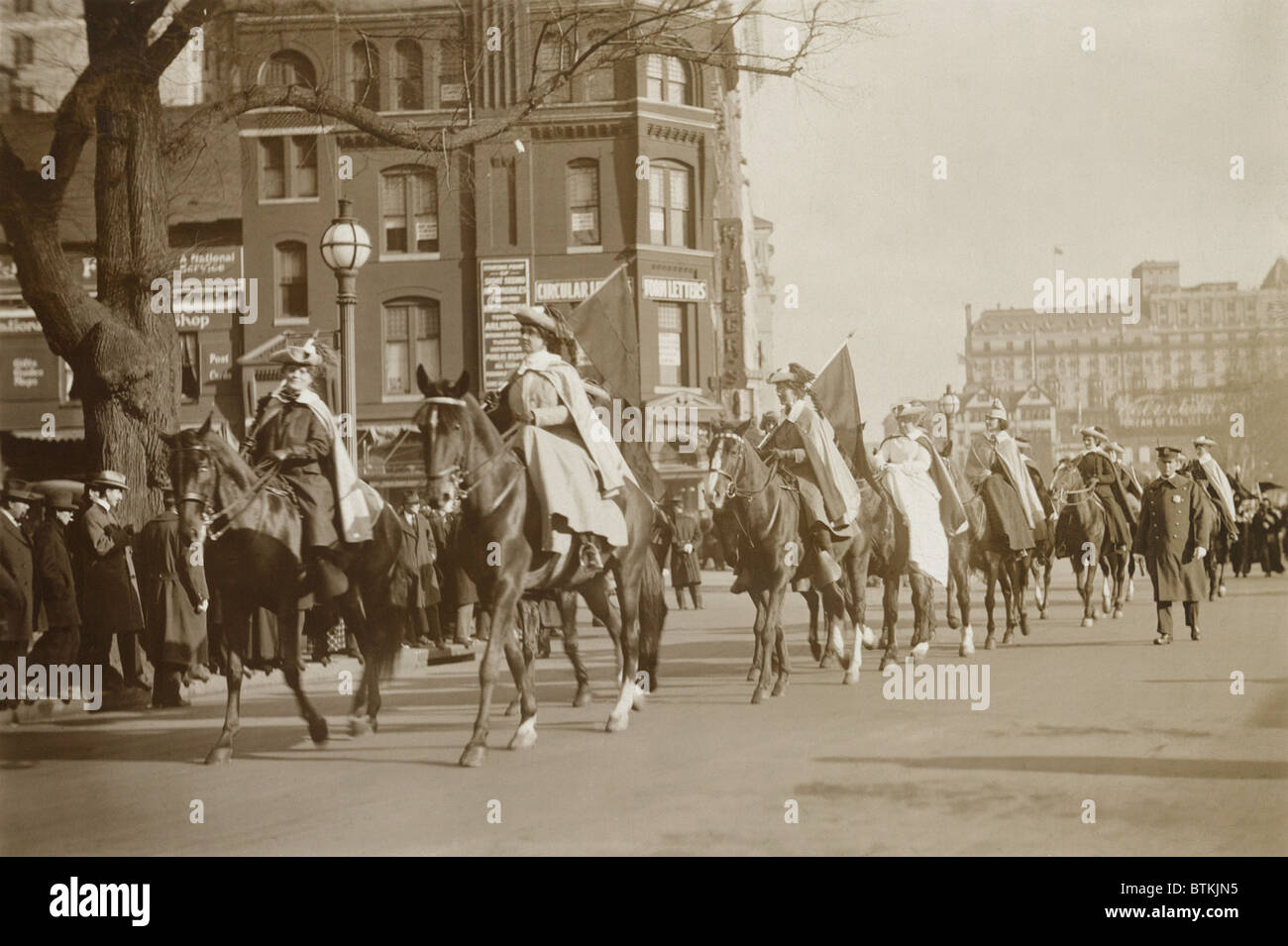 Suffragists on horseback in a parade in Washington, D.C. on May 9, 1914. Stock Photo