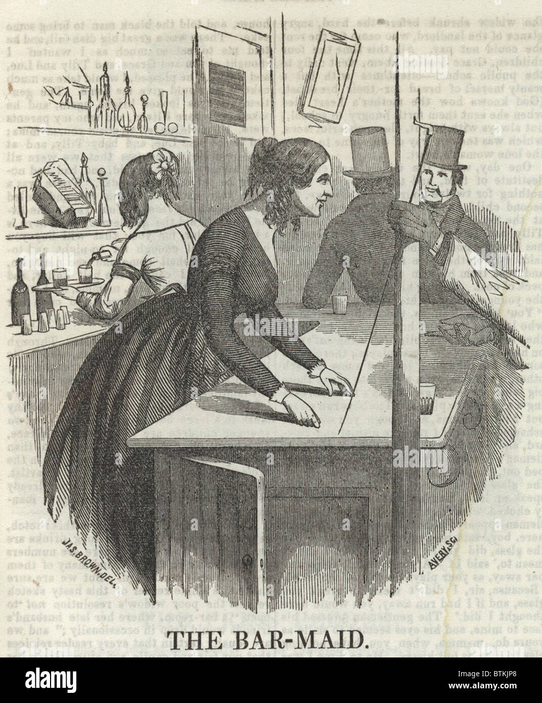 A Barmaid in 1850s New York City earned her living at the expense of her reputation. Most women earned their living in sewing and domestic occupations, to avoid the perils and temptations of saloons. Stock Photo