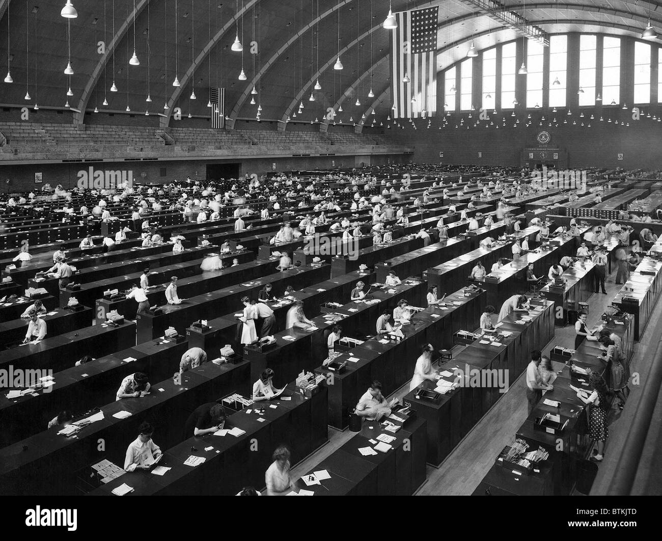 FBI forensic science built a fingerprint archive larger than a football field at the Washington D.C. area Federal Armory. Ca. 1944. Stock Photo