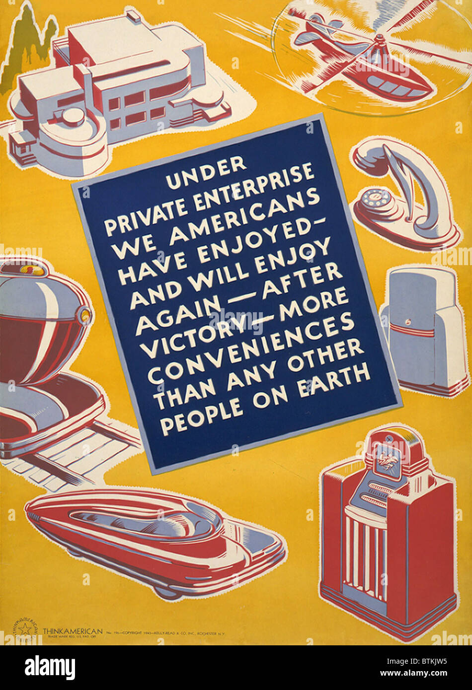 World War II poster reassuring Americans that victory will bring an improved standard of living and and bring back products unavailable during wartime rationing. Stock Photo