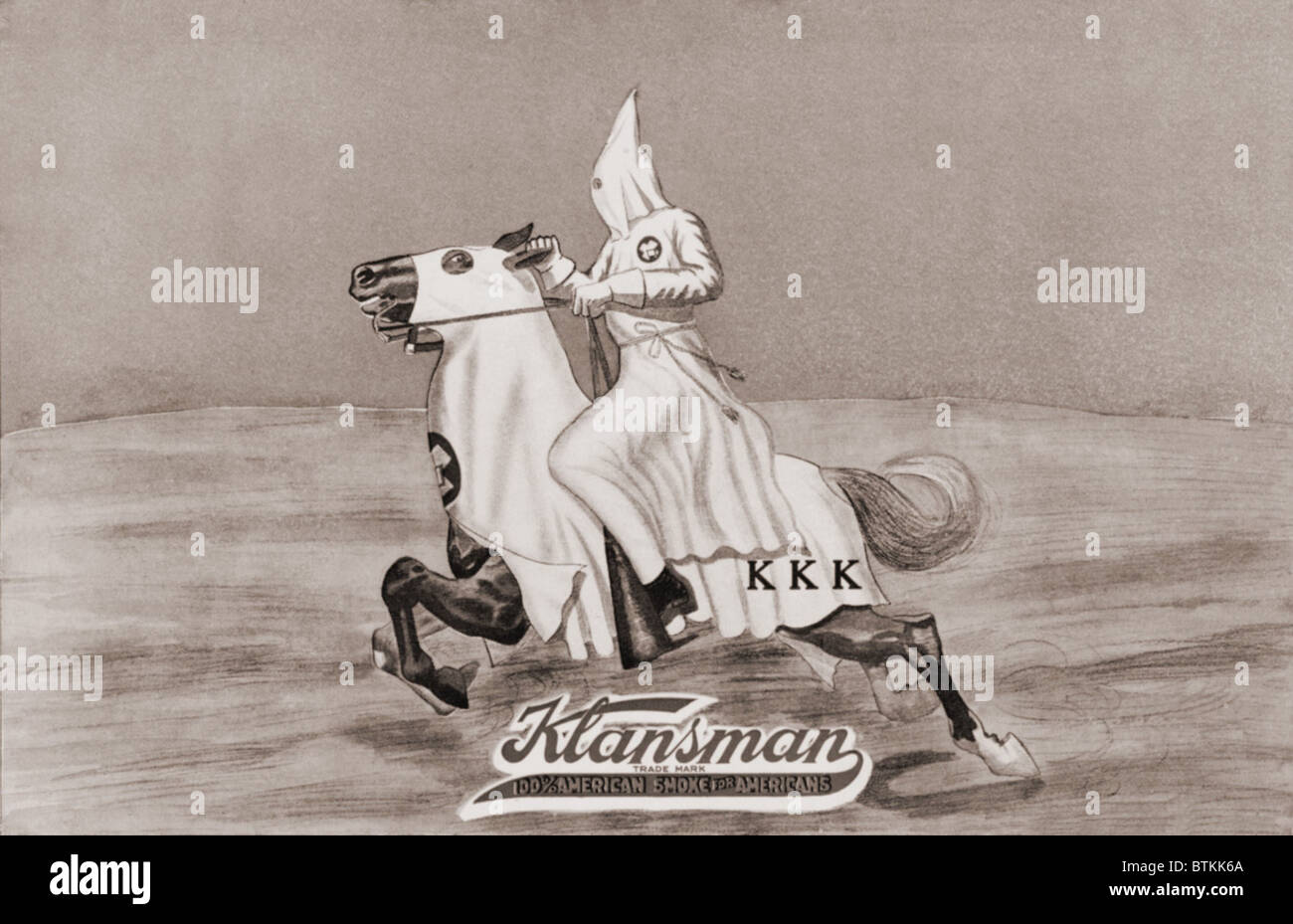 1923 tobacco label for Klansman All-American Cigar Co., Dallas, Texas, showing Klansman on horseback. The second Ku Klux Klan flourished nationwide in the 1920 adopted the costumes and paraphernalia of the first Klan but expanded its anti-black ideology with a new anti-immigrant, anti-Catholic, prohibitionist, and anti-Semitic agenda. Stock Photo