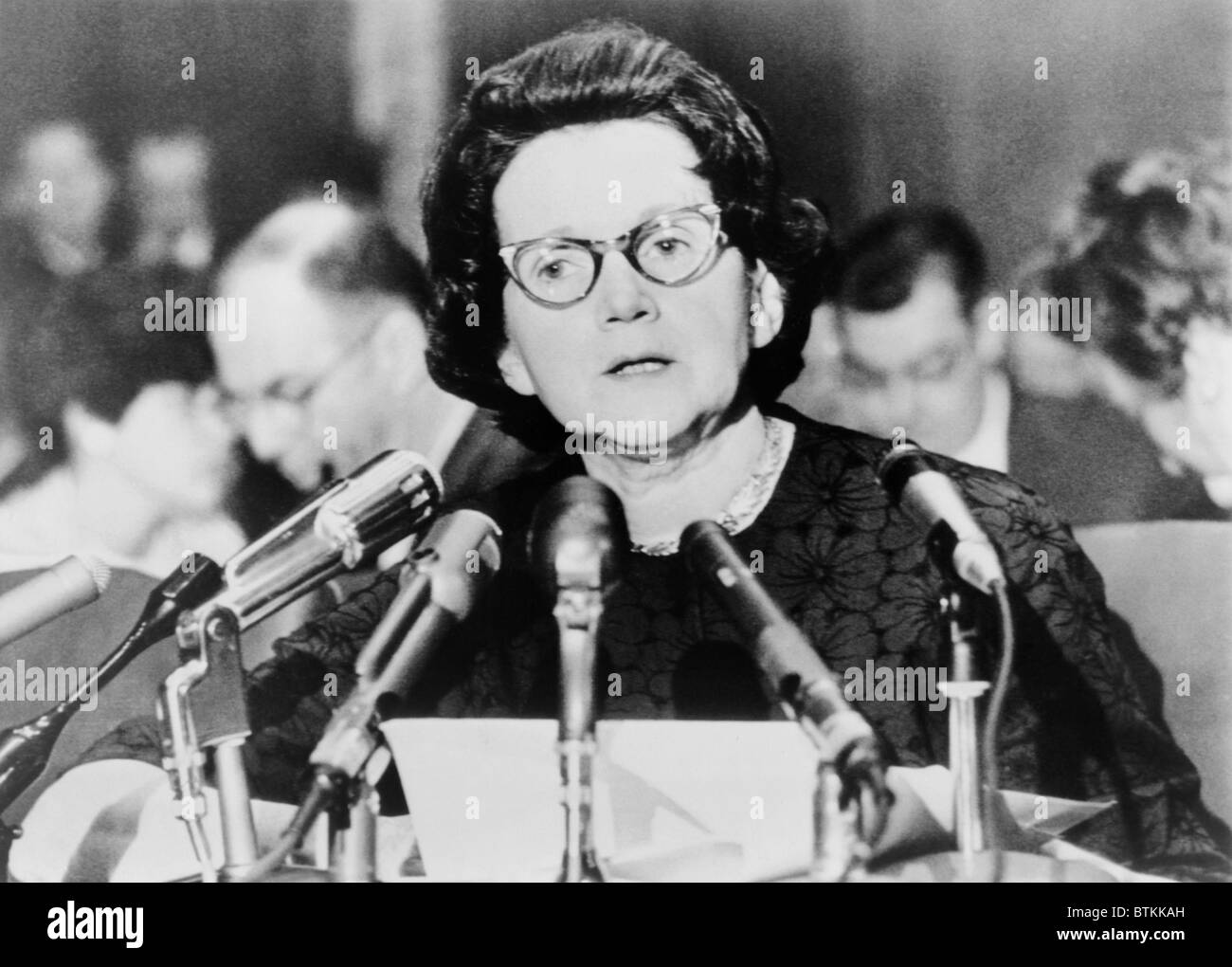 Scientist Rachel Carson (1907-1964), appearing before a Senate Government Operations subcommittee studying pesticides on January 4, 1963. The author of THE SILENT SPRING, established the harm caused to wild animals by the chemical DDT. Stock Photo