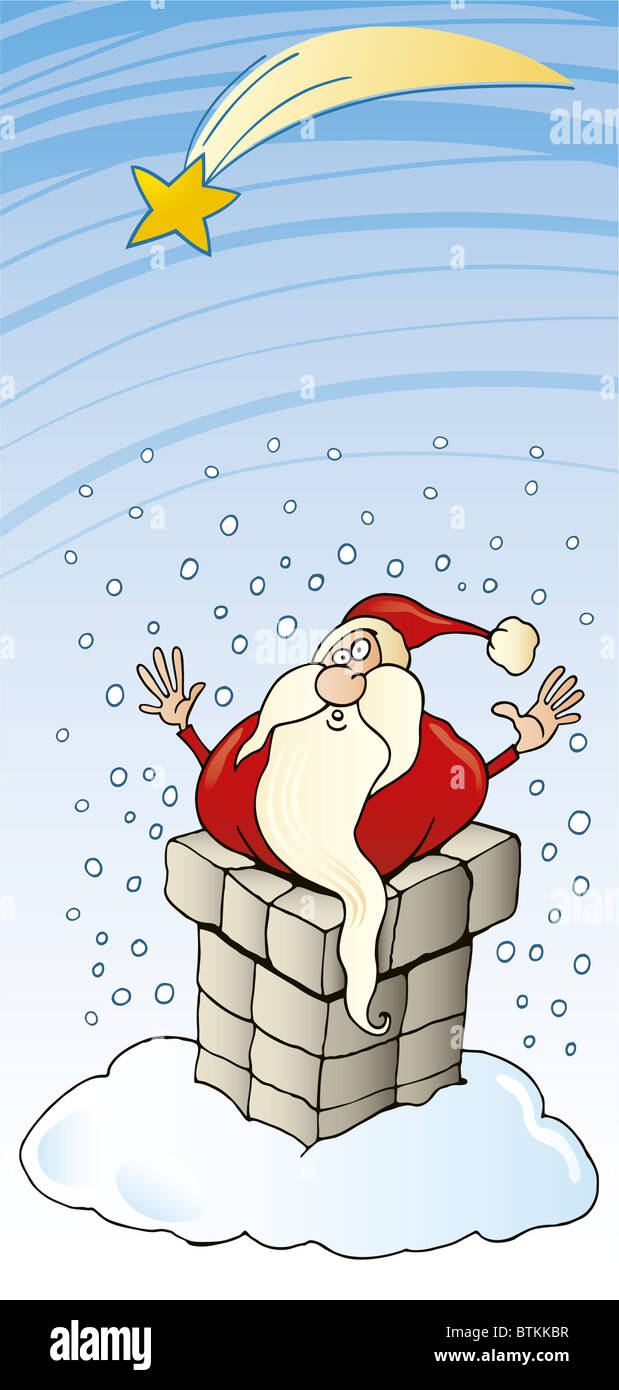 Illustration Of Funny Santa Claus Stuck In Chimney On The Roof