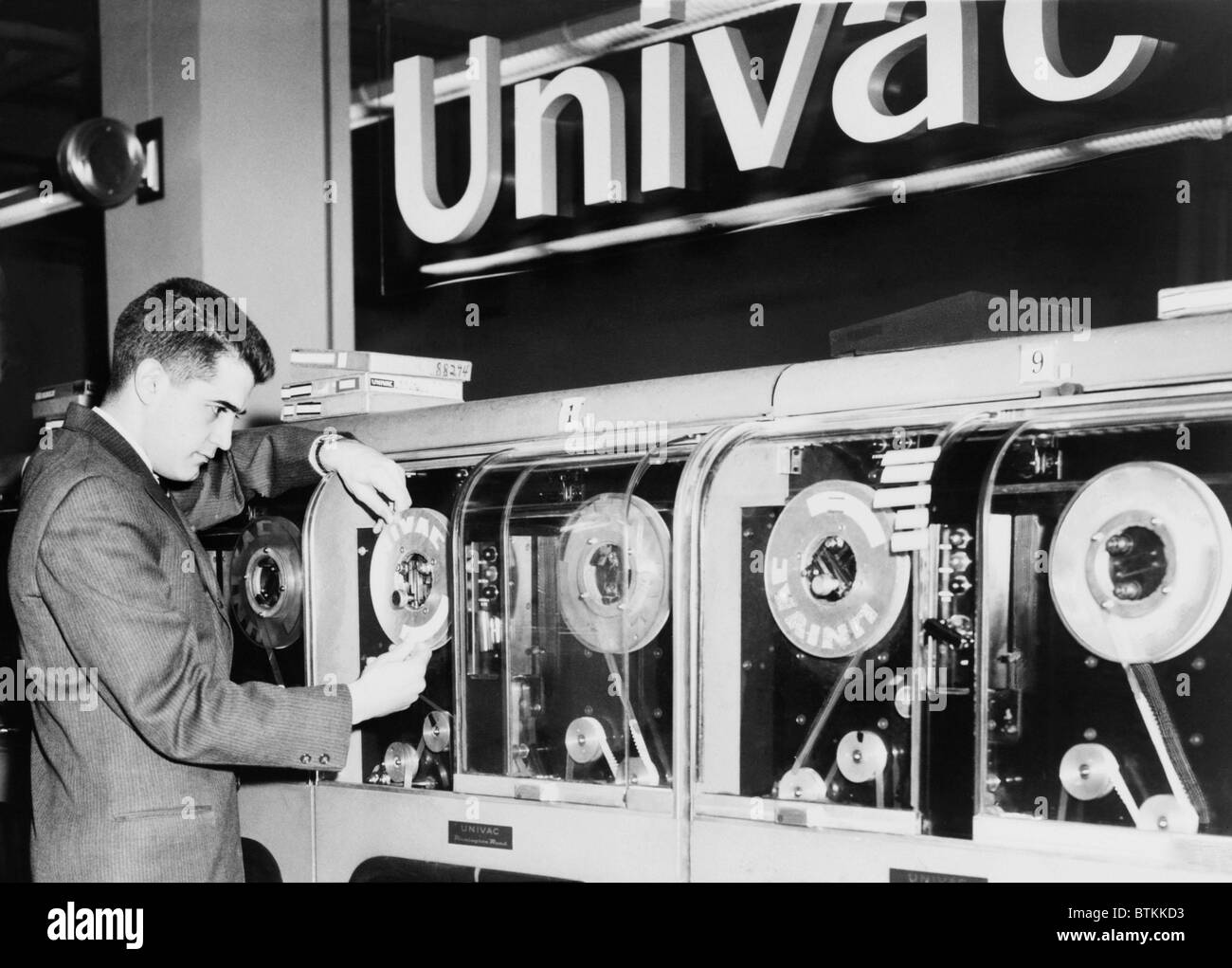 Univac was the first computer designed for commercial use and 46 were built and installed in the 1950s. Designed by J. Presper Eckert and John Mauchly and the name UNIVAC was shortened from Universal Automatic Computer. 1959 photo. Stock Photo