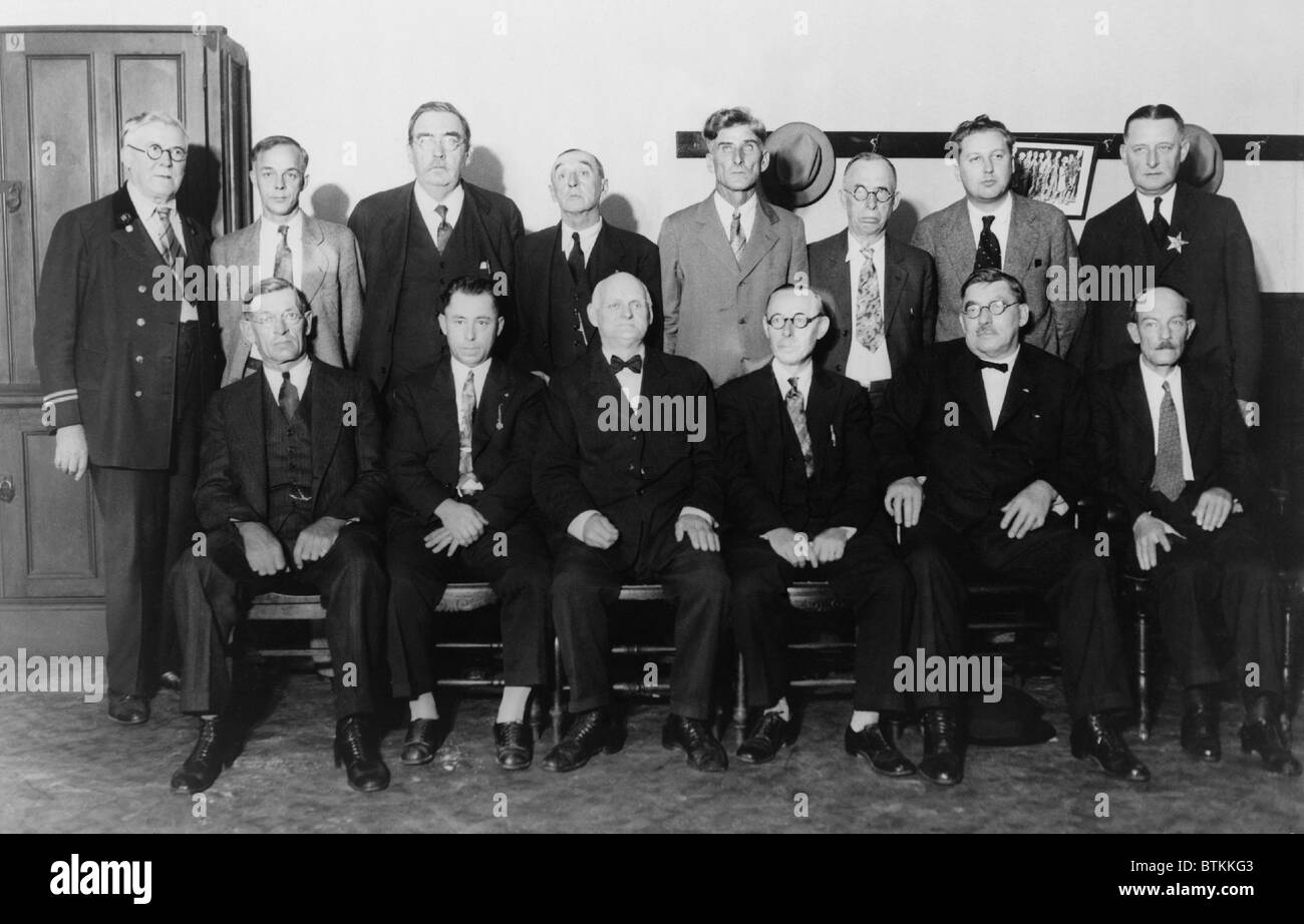 Twelve-man jury that convicted Al Capone for income tax evasion in 1931. This jury, substituting one Capone tampered with, was made up of men from outside Chicago including a retired hardware dealer, a country storekeeper and a farmer. Capone was sentenced to a total of 11 years in a federal penitentiary. Stock Photo