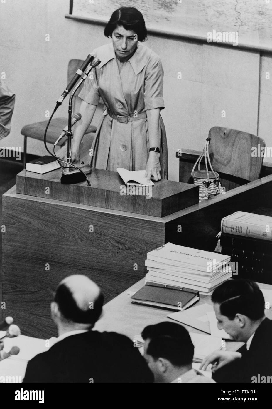 Zivia Lubetkin (1914-1976), testifying at Adolf Eichmann war crimes trial in Jerusalem. She was a leader in the Polish Jewish Resistance during World War II, and fought in the Warsaw Ghetto Uprising. After the war she lead the rehabilitation of Holocaust victims and entered Palestine in 1946. Stock Photo