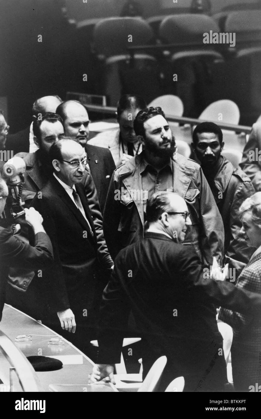 Fidel Castro (back, center), President of Cuba, at a meeting of the United Nations General Assembly, by Warren K. Leffler, September 22, 1960. Stock Photo