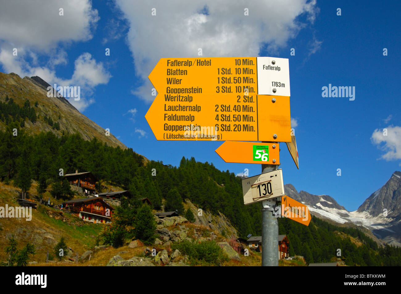Directional sign for hikes at Fafleralp, Blatten, valley Loetschental, Valais, Switzerland Stock Photo