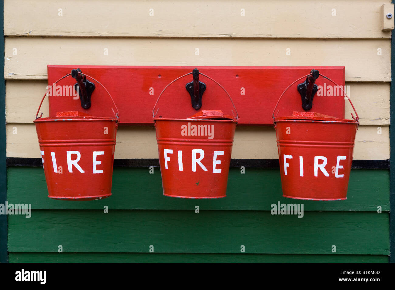 Fire Buckets at Pickering Train Station North Yorkshire Stock Photo